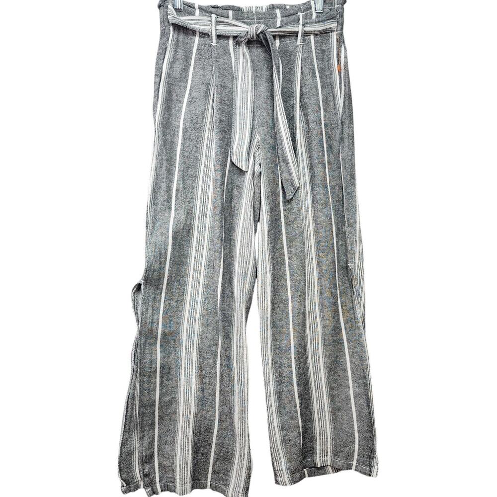 Rewash Stripe Wide Leg Pants XS Linen Blend Coastal Minimalist Tie Waist Slit - Picture 2 of 14